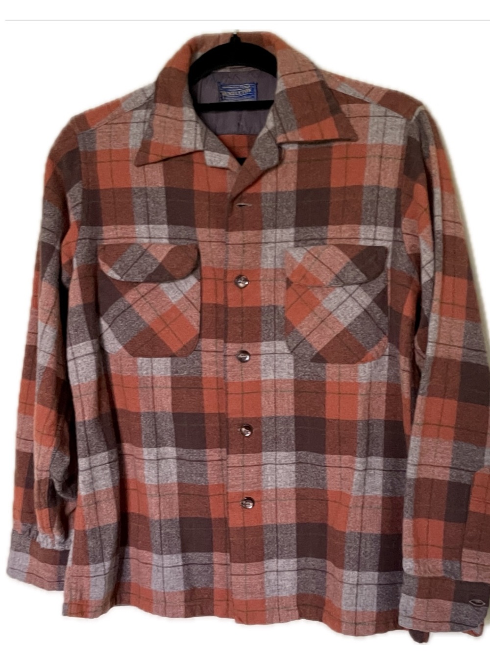 Pendleton | Vintage Board Shirt, Loop Collar, Orange/Brown/Grey Wool, Sz M â„ EUC